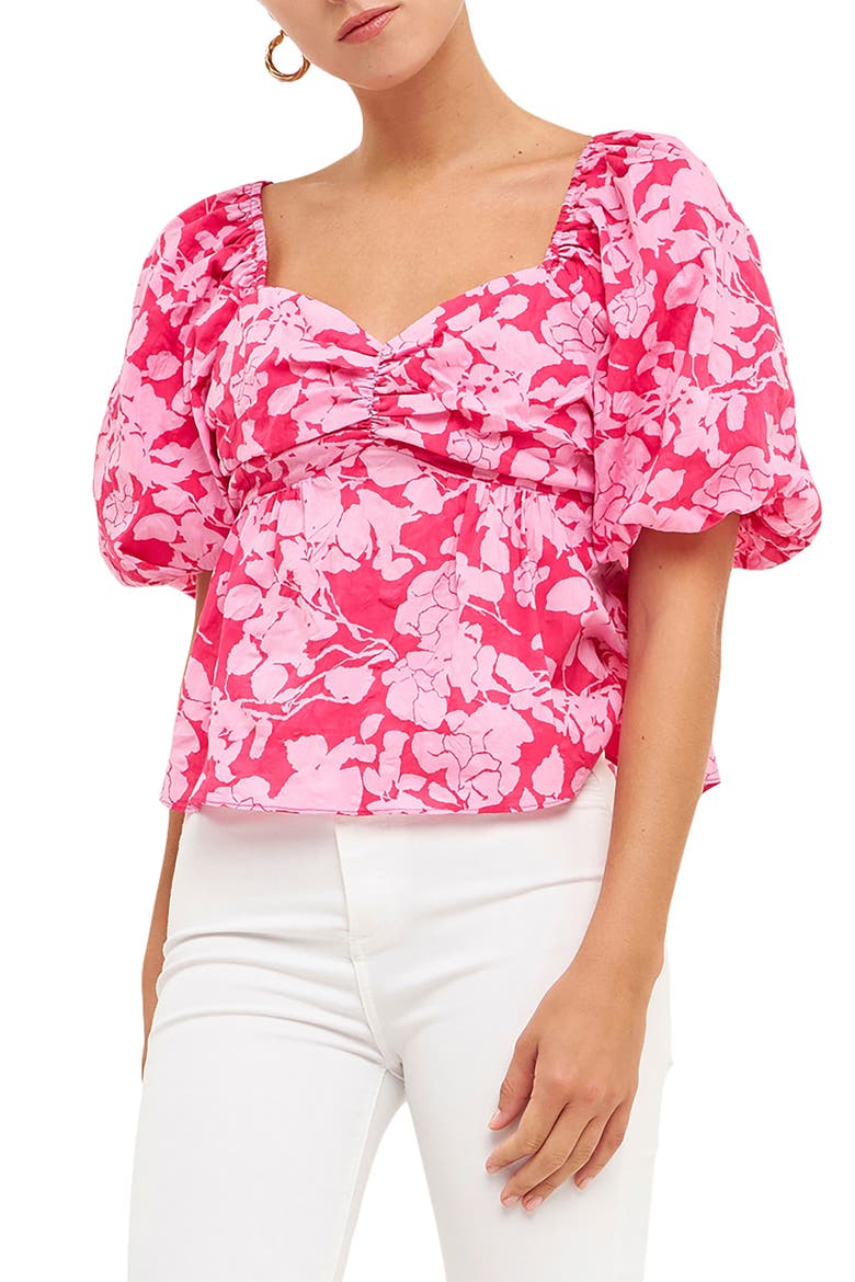 Floral Bow Back Puff Sleeve Blouse, Main, color, RED/ PINK