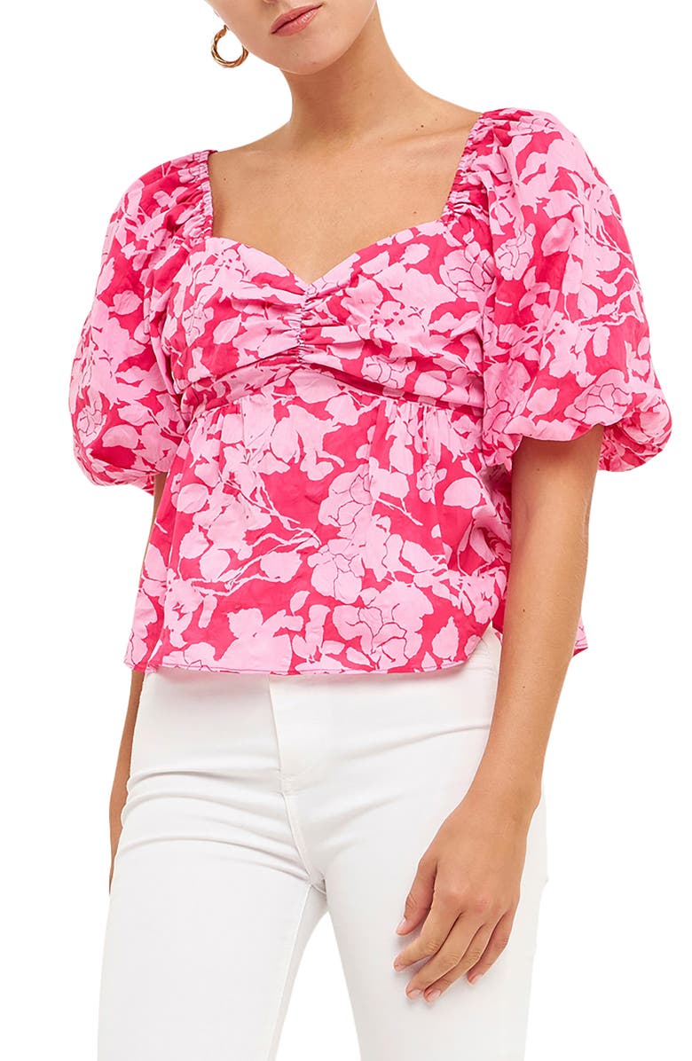 Free the Roses Floral Bow Back Puff Sleeve Blouse, Main, color, Red/ Pink