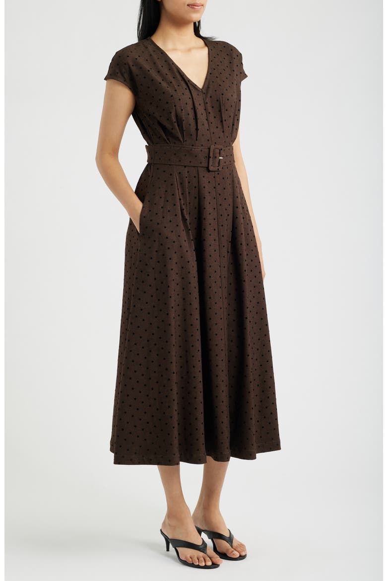 Dot Belted Midi Dress, Alternate, color, BROWN