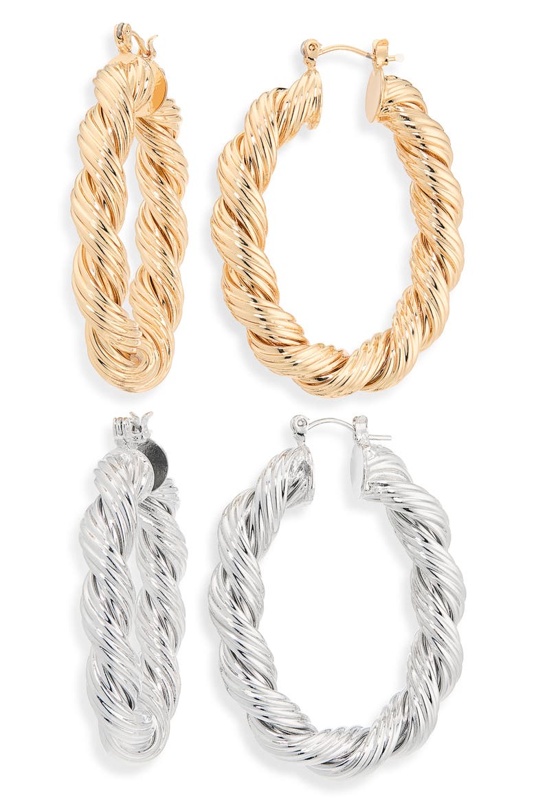 Set of 2 Twisted Hoop Earrings, Main, color, GOLD-SILVER
