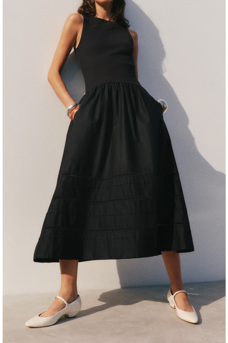 Idelle Fit & Flare Stretch Organic Cotton Midi Dress, Alternate, color, BLACK