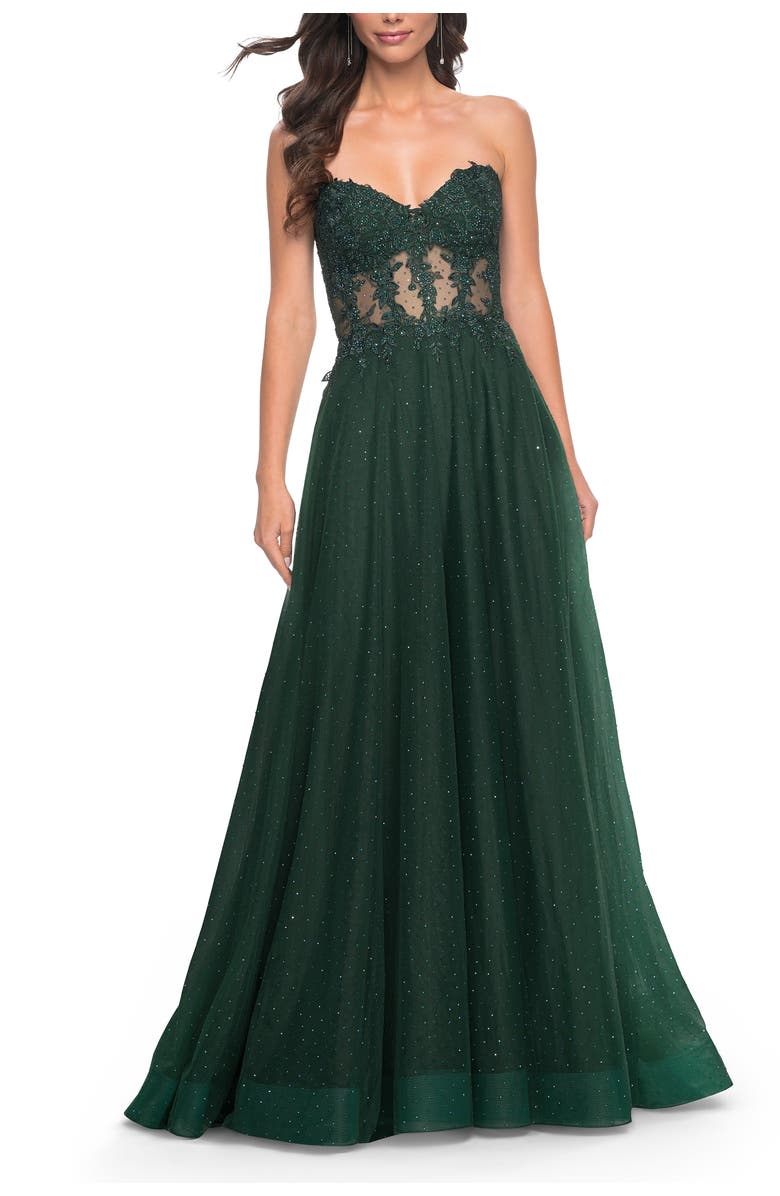 La Femme A-Line Tulle Ballgown with Lace Illusion Bodice, Alternate, color, Dark Emerald