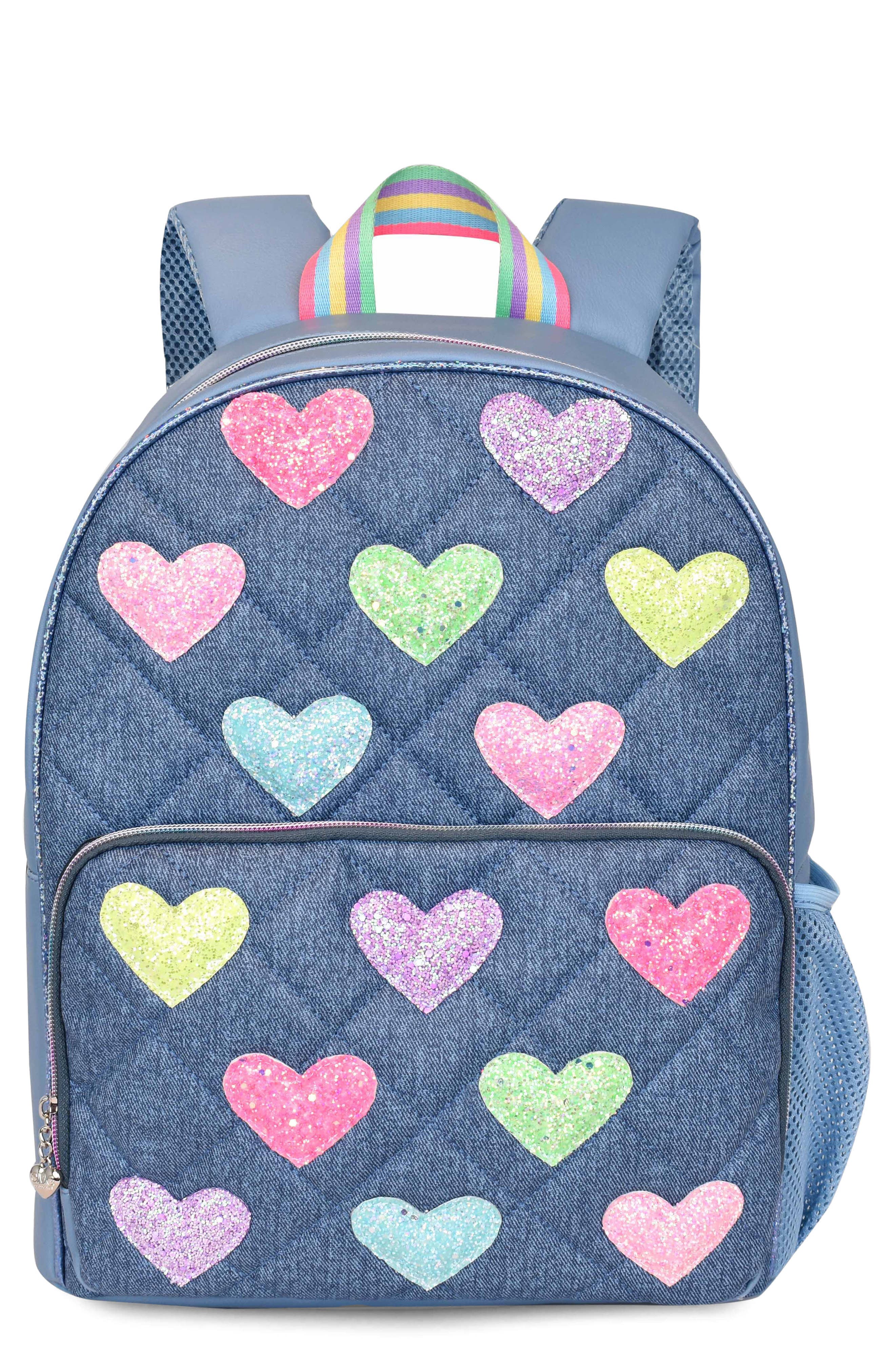 OMG Accessories Kids' Heart Diamond Quilted Denim Backpack, Main, color, 