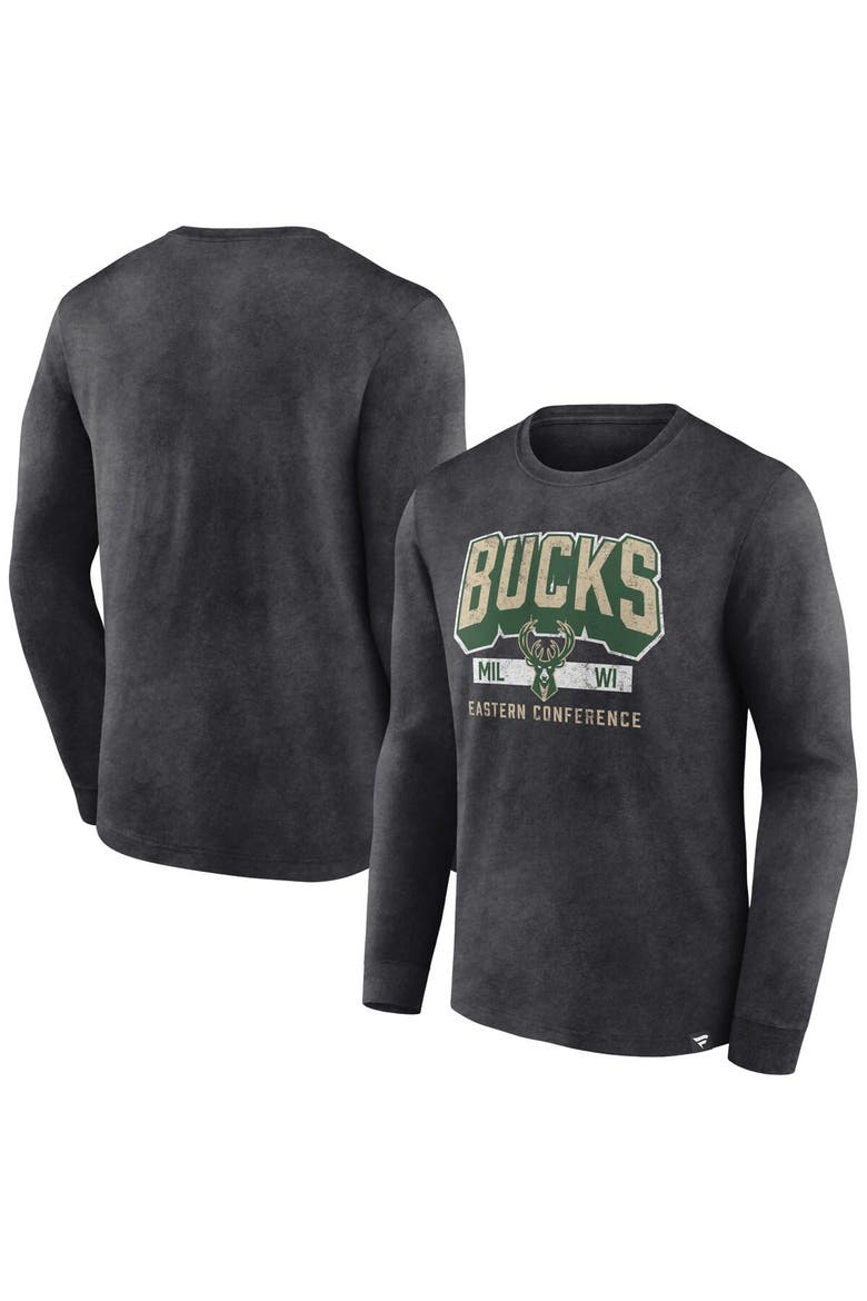 Men's Fanatics Branded Heather Charcoal Milwaukee Bucks Front Court Press Snow Wash Long Sleeve T-Shirt, Main, color, Heather Charcoal