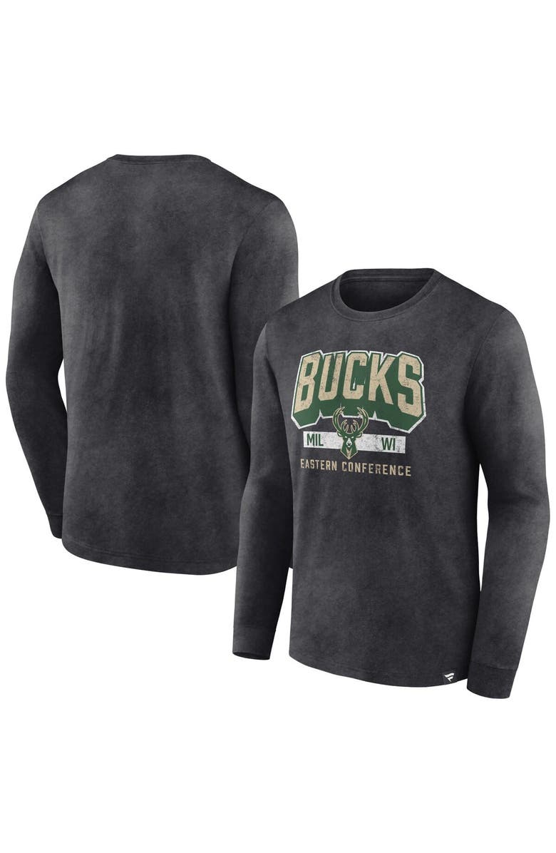 FANATICS Men's Fanatics Branded Heather Charcoal Milwaukee Bucks Front Court Press Snow Wash Long Sleeve T-Shirt, Main, color, Heather Charcoal