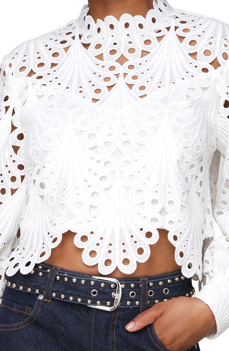 Avec Les Filles Eyelet Embroidery Long Sleeve Crop Shirt, Alternate, color, 