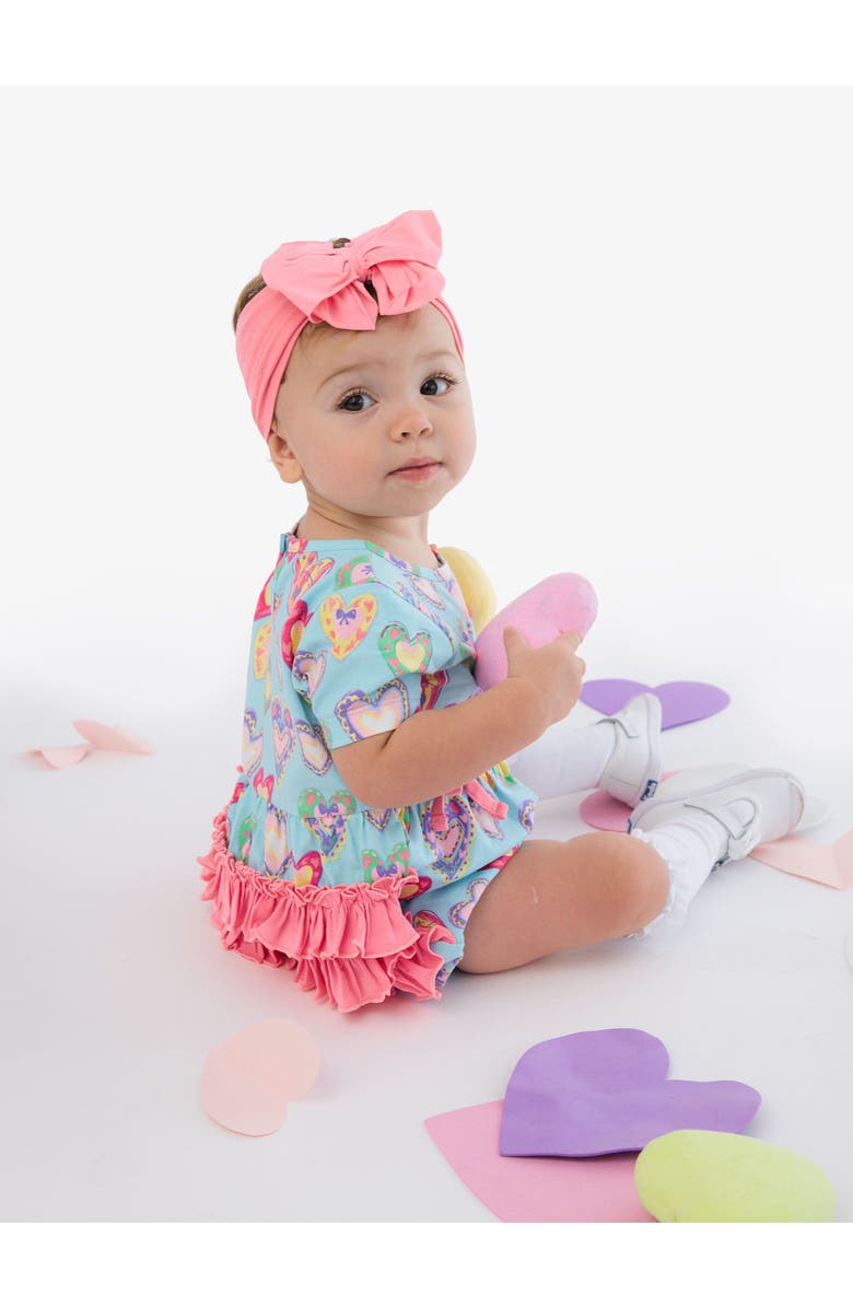 RuffleButts Knit Short Sleeve Bow Bubble Romper, Alternate, color, Painted With Love