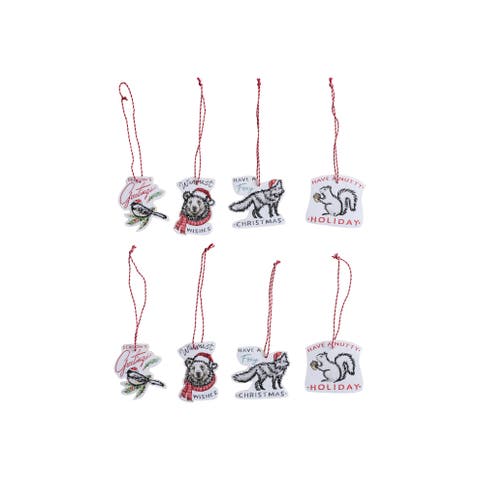 Printed Paper Ornaments/Gift Tags with Holiday Saying, Animal and Embroidery, Multicolor, Set of 8