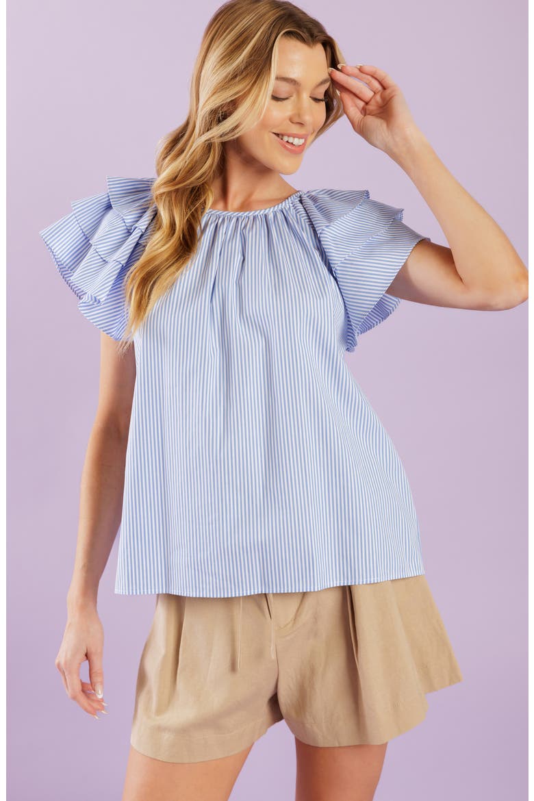 Striped Woven Flutter Sleeve Top, Alternate, color, BLUE/ WHITE