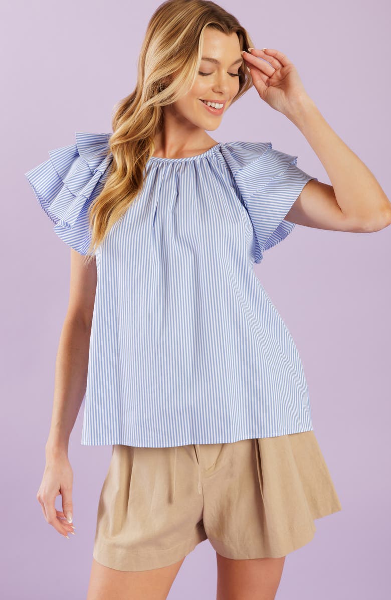 FLYING TOMATO Striped Woven Flutter Sleeve Top, Alternate, color, Blue/ White