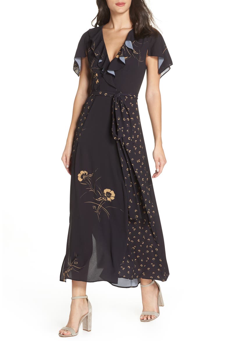 Mahi Faux Wrap Maxi Dress, Main, color, UTILITY BLUE/ GOLD