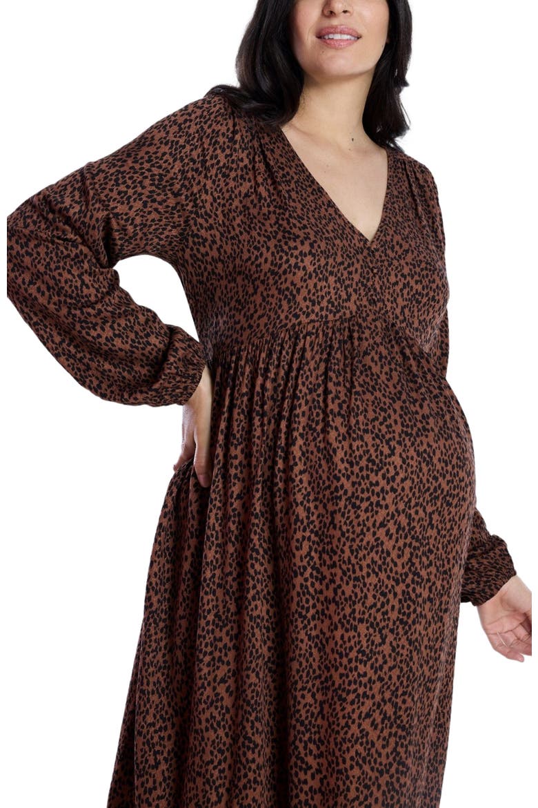 Long Sleeve Button Front Maternity Midi Dress, Alternate, color, Brown Animal