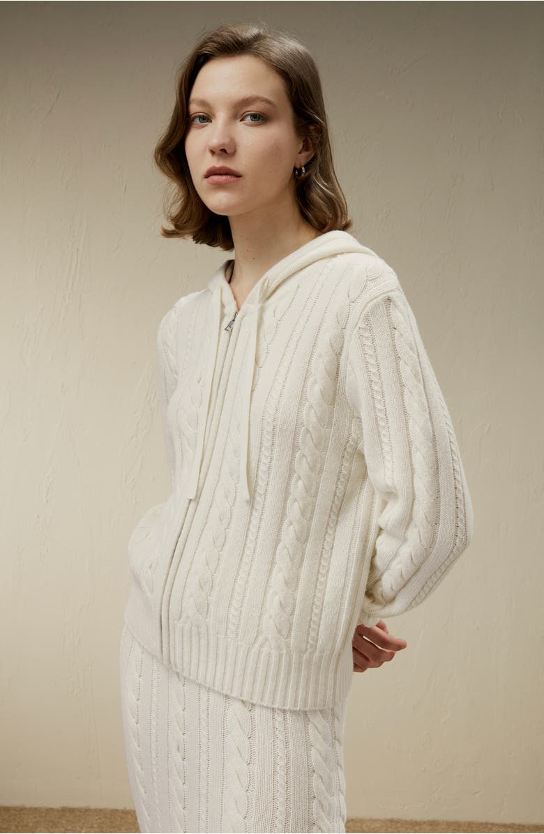 Lilysilk Women's Bela Cable-Knit Wool-Cashmere Blend Hoodie, Alternate, color, White