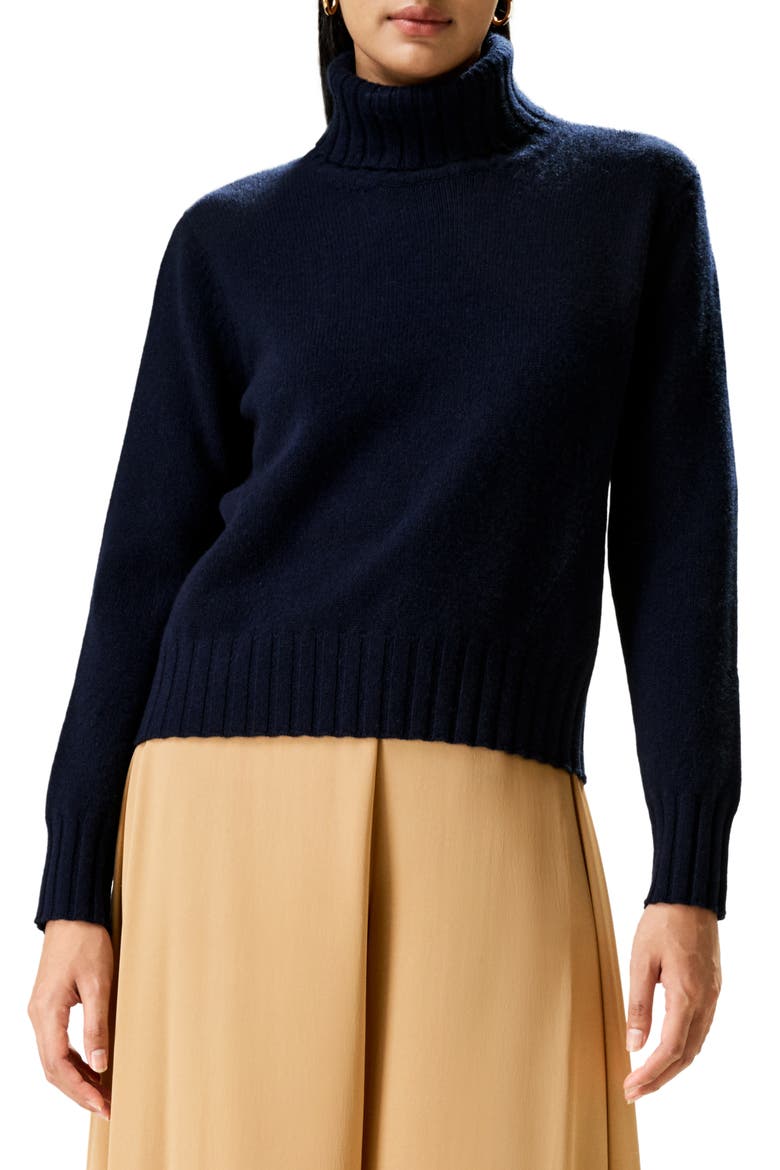 Women's Turtleneck Sweater with Rib Hemline, Main, color, Navy Blue