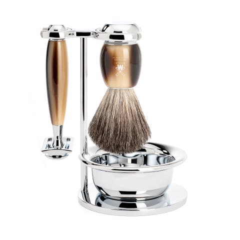 Vivo Brown Horn 4-Piece Pure Badger & Safety Razor Shaving Set