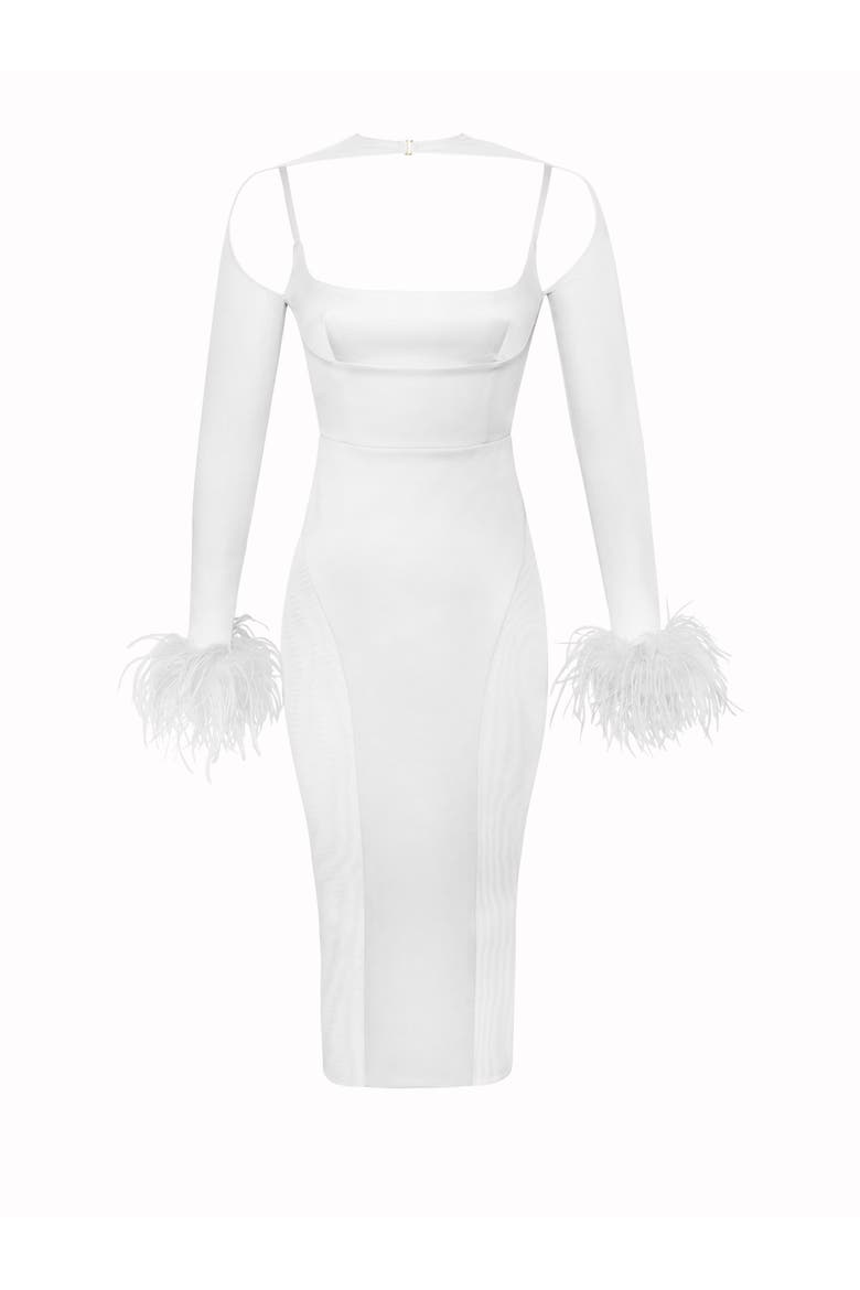Oaklie Satin Mesh Sleeve Dress With Feathers, Alternate, color, White