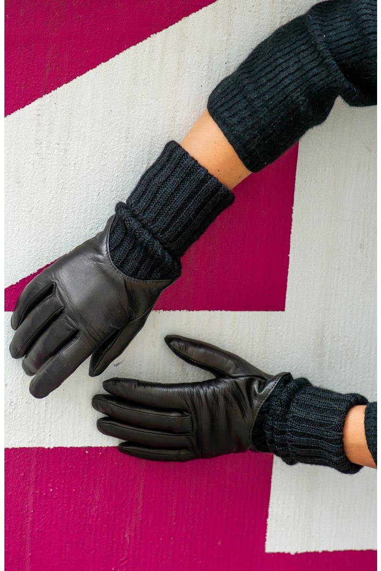 Mixed Media Leather Gloves, Alternate, color, BLACK