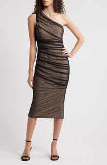 MANGO Deva Ruched Mesh One-Shoulder Dress