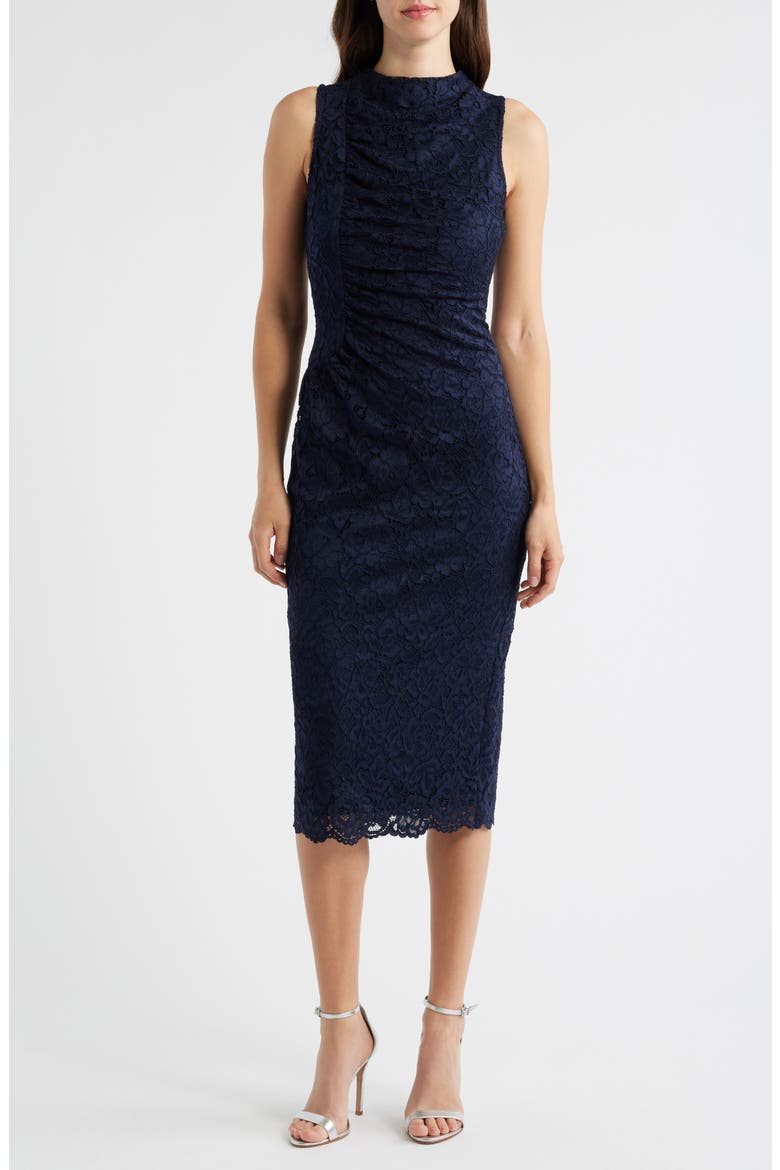 Lace Sleeveless Sheath Midi Dress, Main, color, NAVY