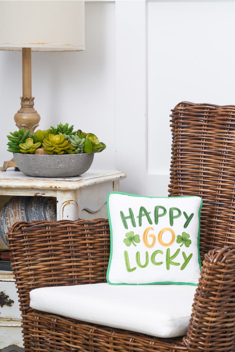 St. Patrick's Day "Happy Go Lucky" Embroidered Mini Cotton Accent Pillow, 10" x 10", Alternate, color, Green