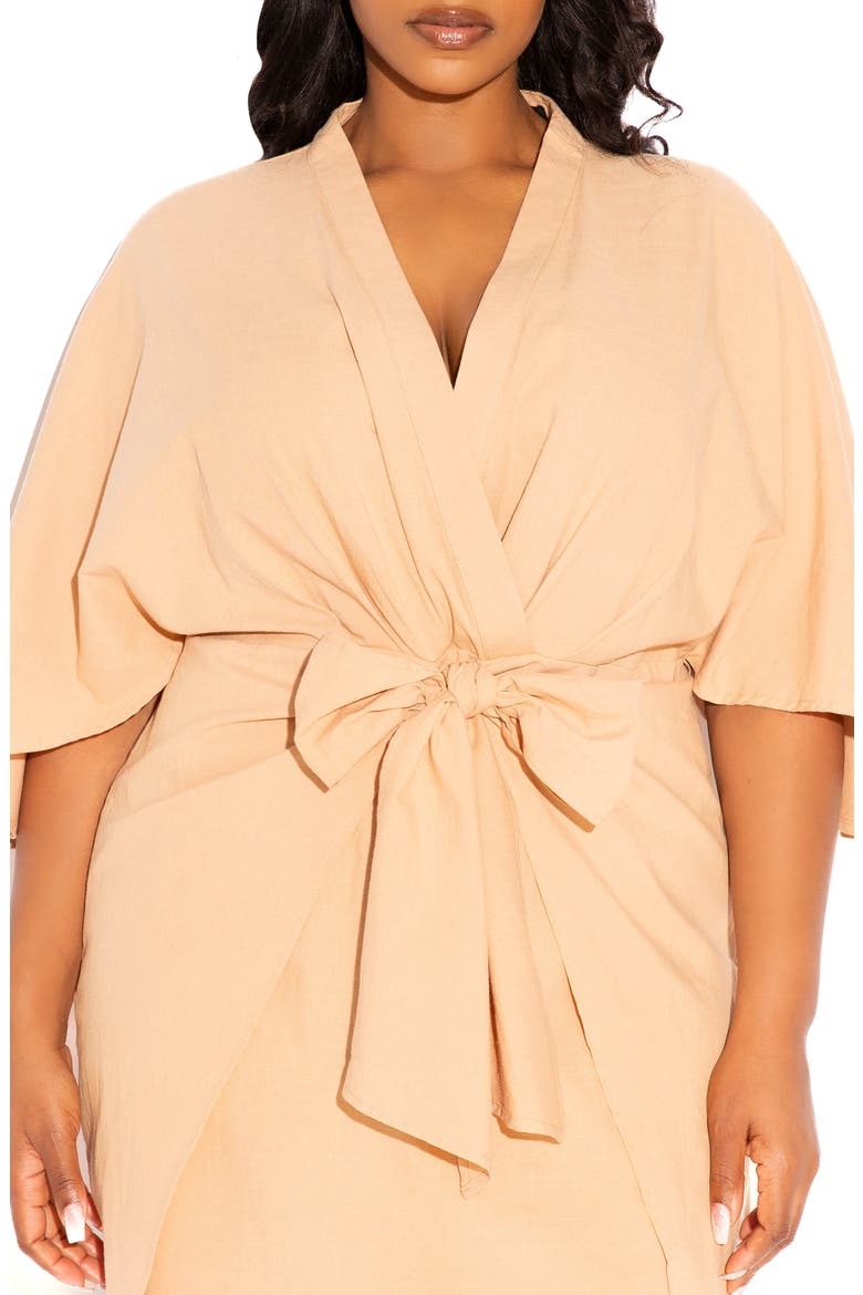 Tie Waist Cotton Blend Minidress, Alternate, color, BEIGE