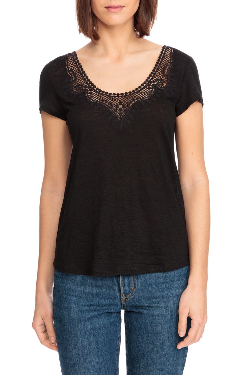Sézane Loly Crochet Neck Linen Tee, Main, color,
