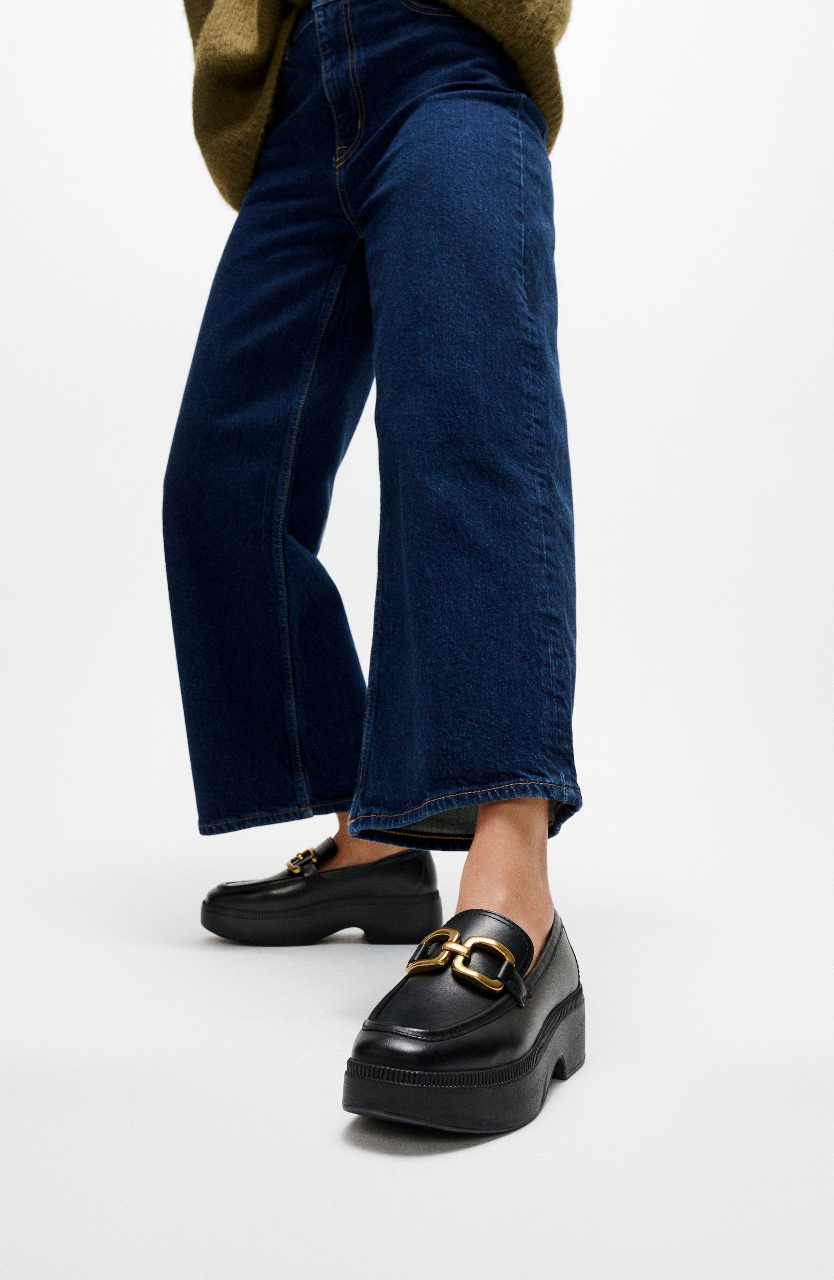 F-Luma Square-Chain Leather Loafer, Alternate, color, BLACK