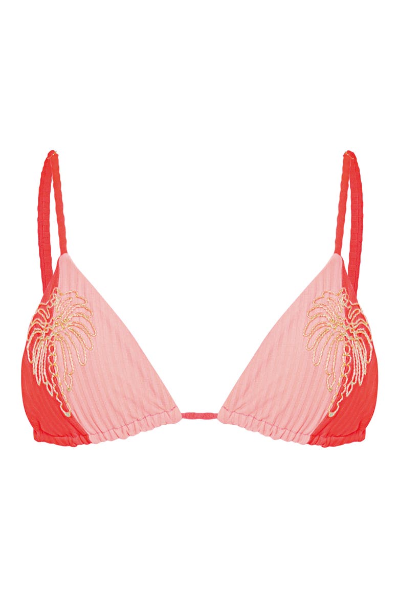 Flame Coral Everly Embroidered Rib Bikini Top, Alternate, color, BRIGHT RED