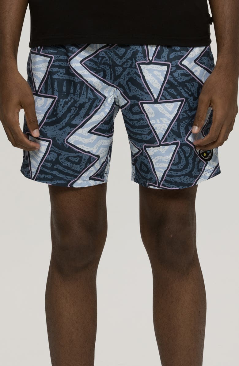 Maui & Sons Coaster Geo Print Microfiber Swim Trunks, Main, color, 