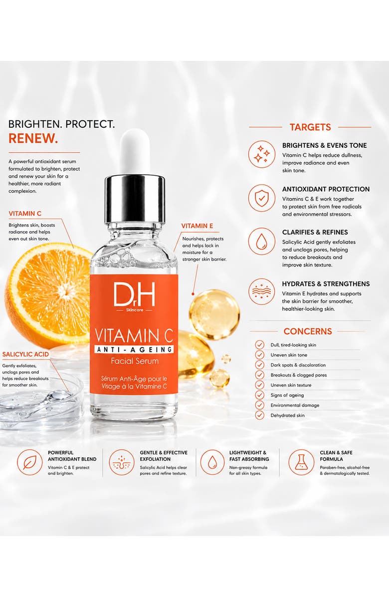 Dr H Anti-Ageing Vitamin C Facial Serum 30ml for Acne & Blemishes, Large Pores, Alternate, color, White