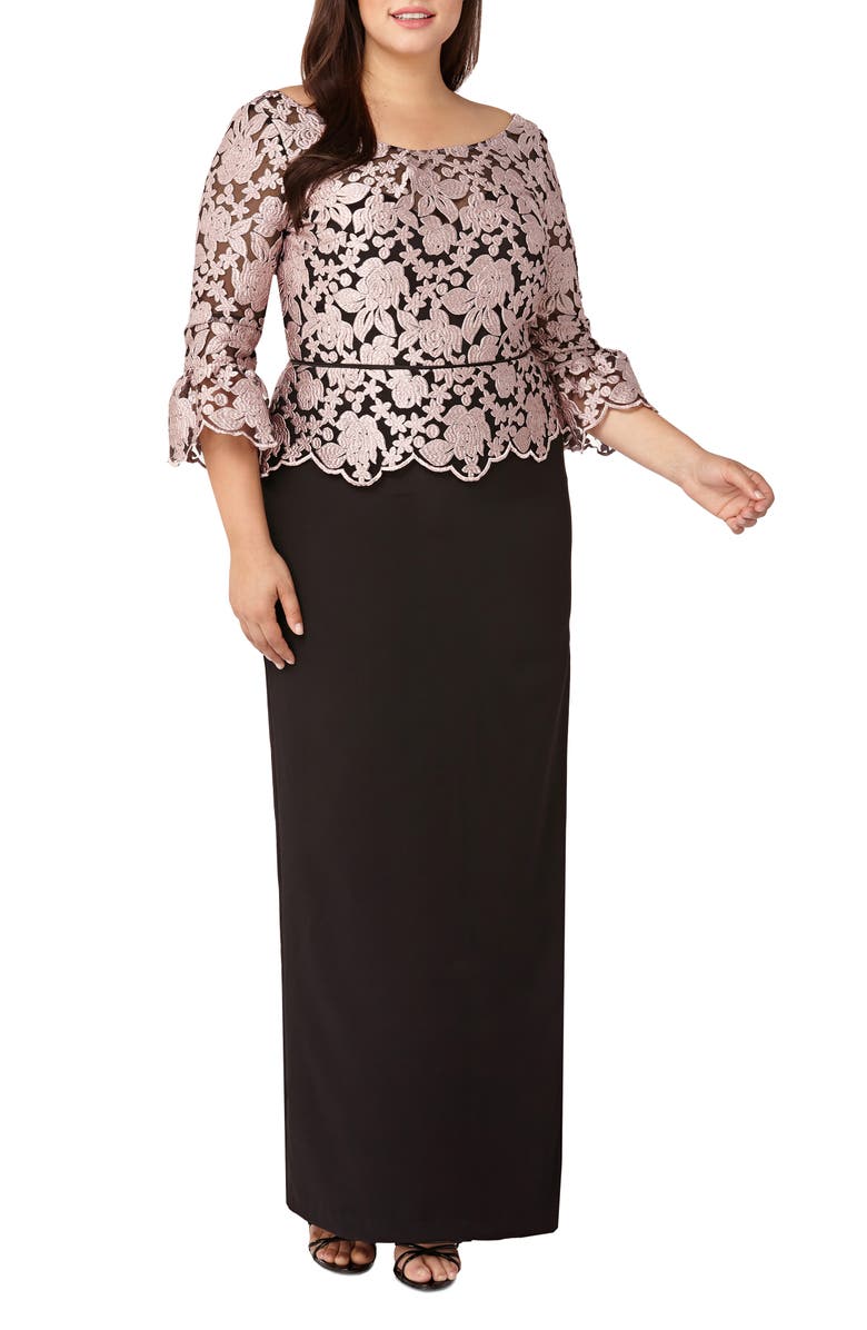 JS Collections Embroidered Peplum Column Gown, Main, color,