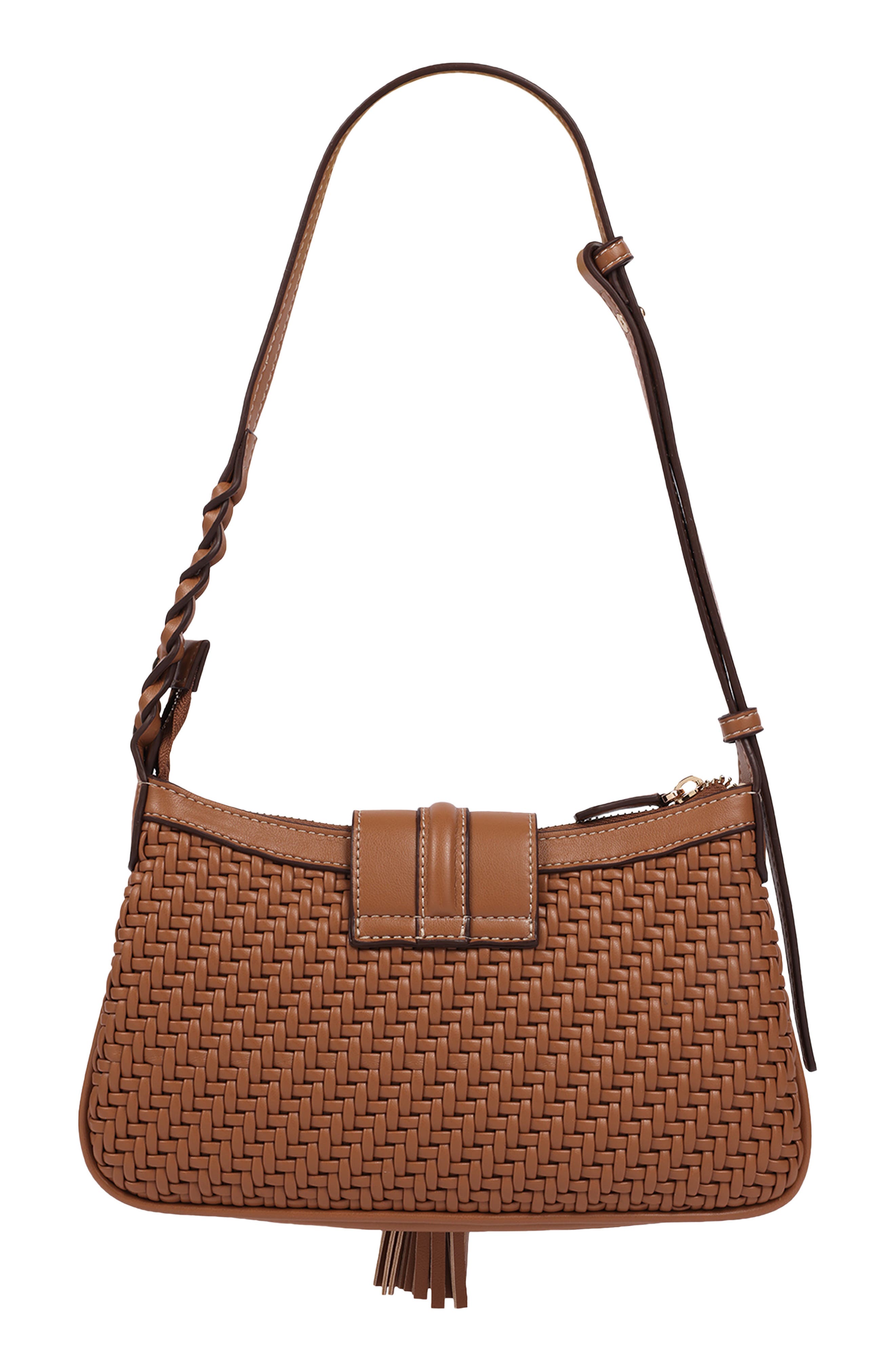 Tassel Tab Woven Faux Leather Shoulder Bag, Alternate, color, NUTMEG