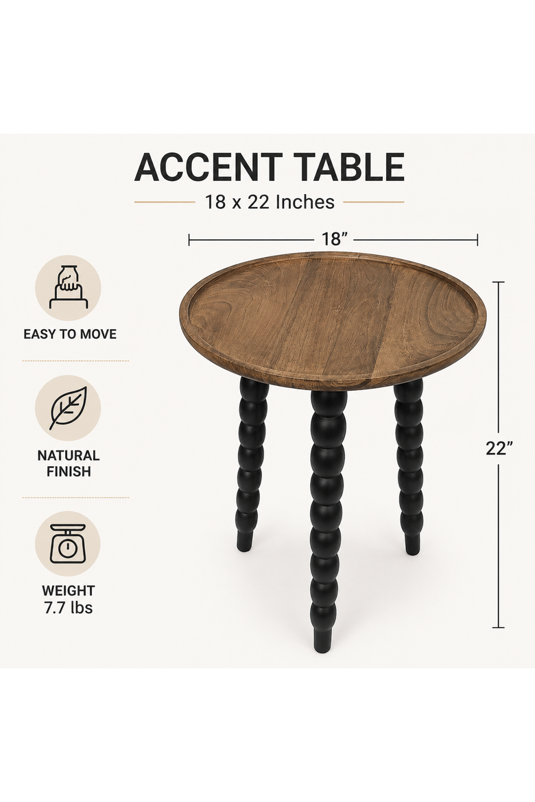 Mango Wood Round Accent Table with Metal Legs, Knockdown, Alternate, color, Dark Brown