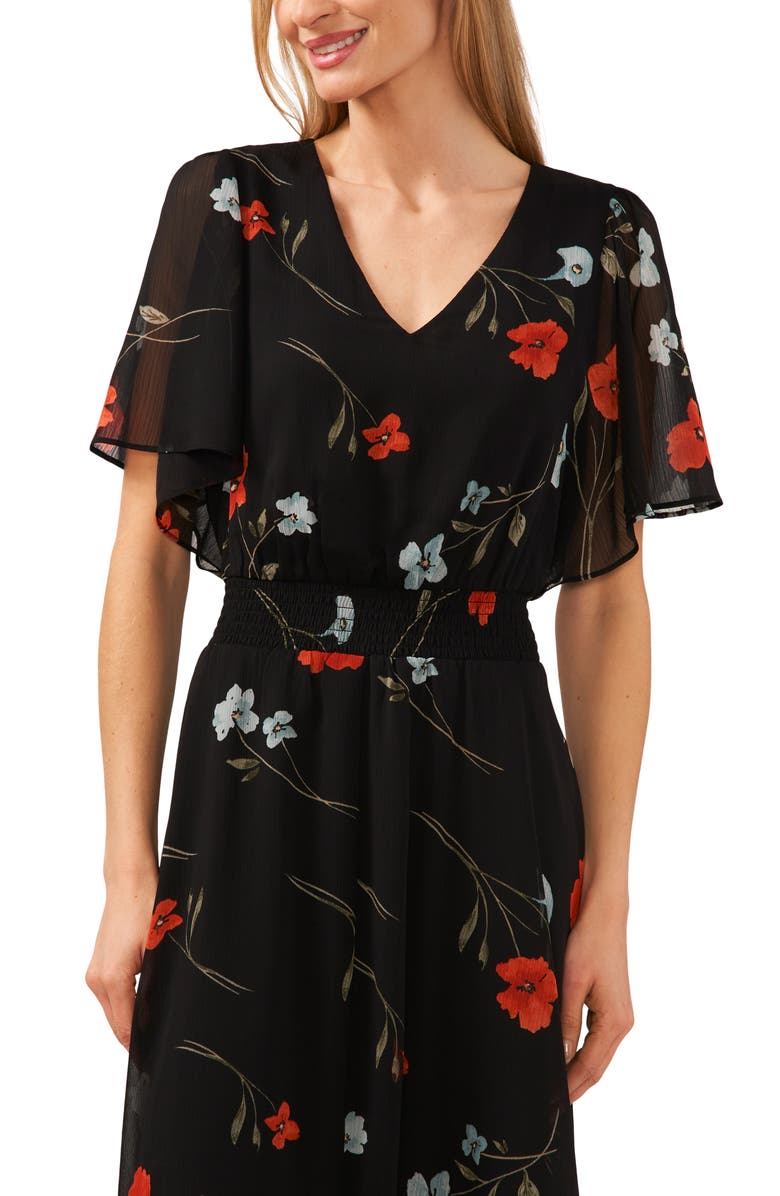 CeCe Floral Print Smocked Waist Flutter Sleeve Maxi Dress, Alternate, color, 