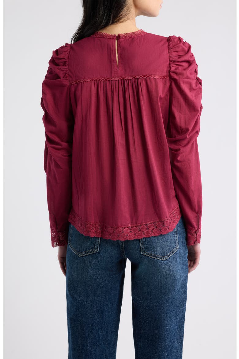 Puff Sleeve Lace Detail Cotton Top, Alternate, color, BURGUNDY