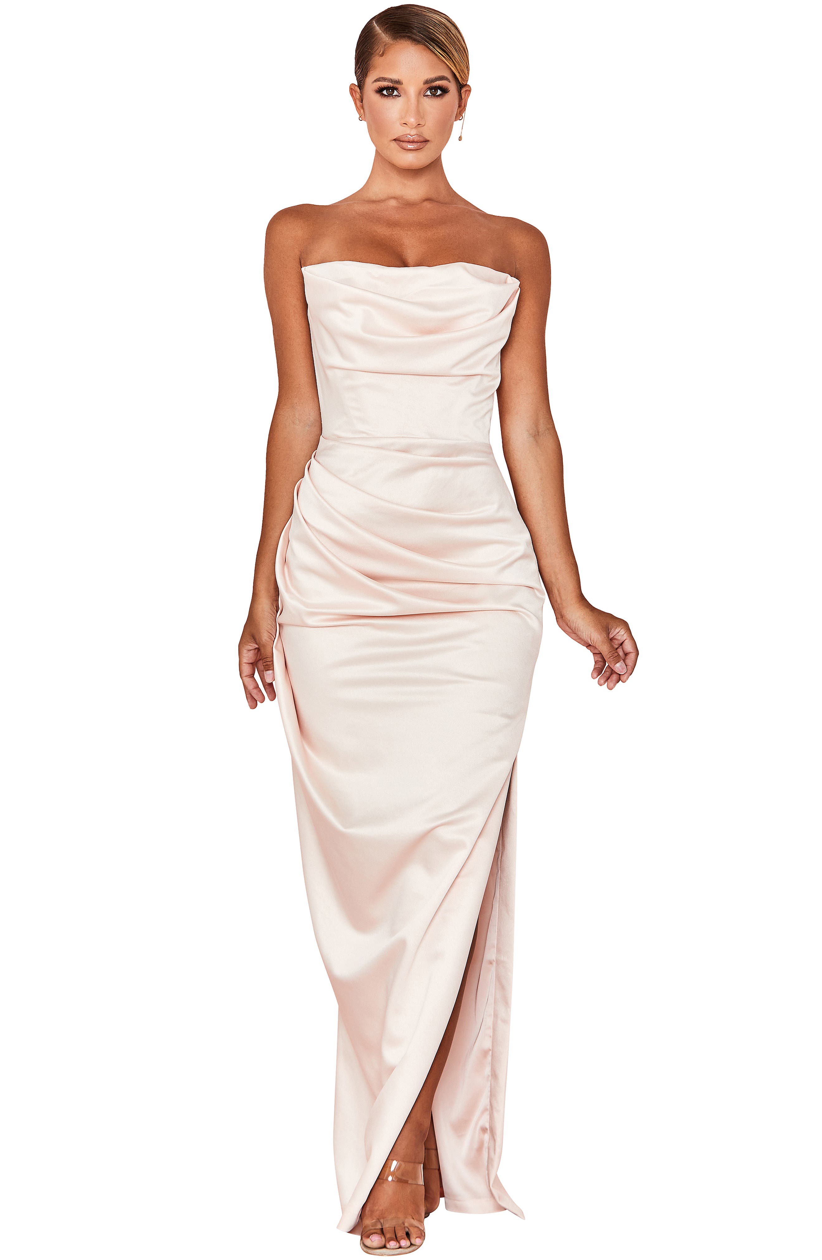 house of cb adrienne dress green Womens Champagne Strapless Corset Stretch-Satin Maxi L L Adrienne scarlet