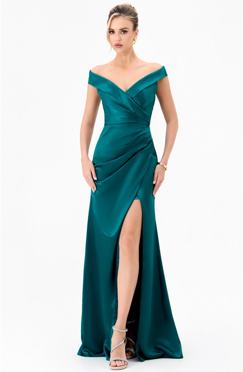 Bariano Aliana Off Shoulder Gown, Alternate, color, Teal