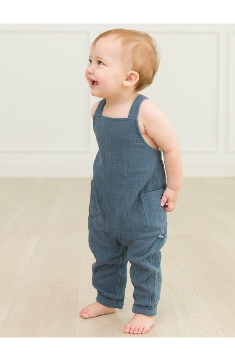 RuffleButts Baby Boys Cotton Gauze Overall Jumpsuit, Alternate, color, Steel Blue