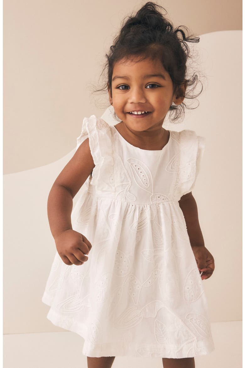 Kids' Embroidered Flutter Sleeve Cotton Dress, Alternate, color, WHITE