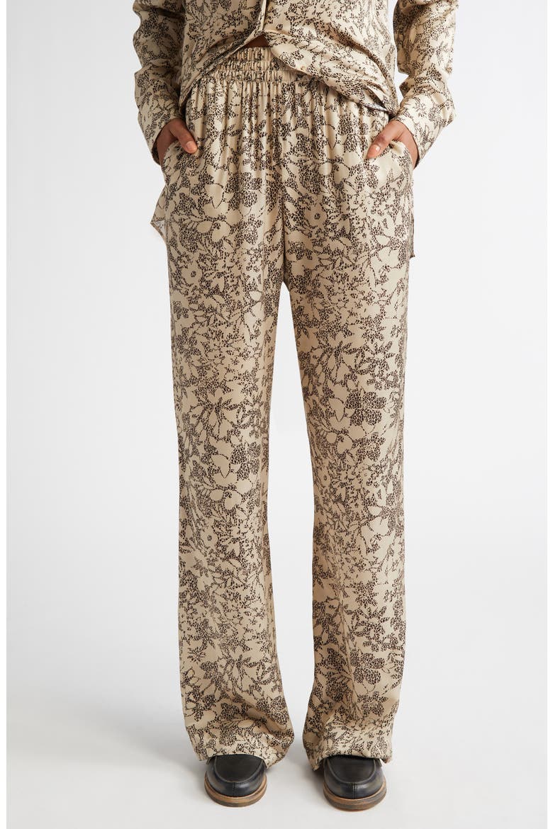 Floral Print Silk Blend Pajama Pants, Main, color, SAFARI/ BLACK