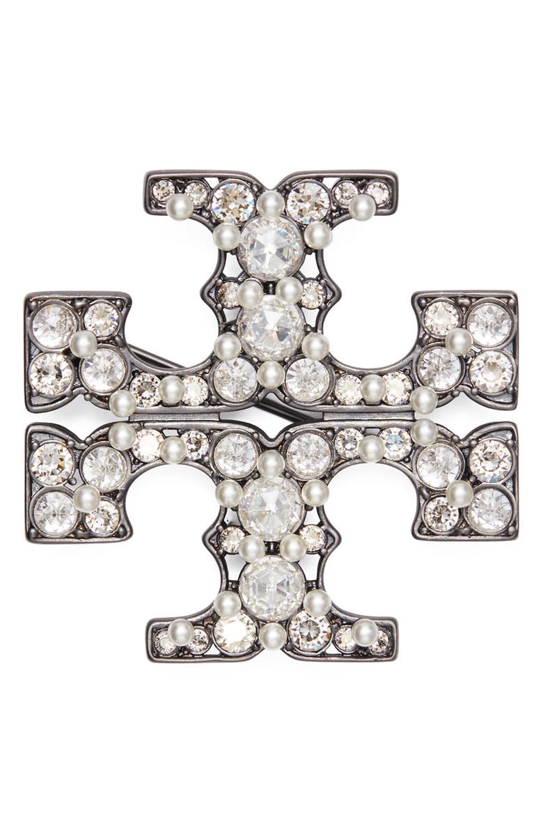 Tory Burch Kira Cubic Zirconia & Faux Pearl Brooch, Main, color, Hematite / Pearl / Crystal