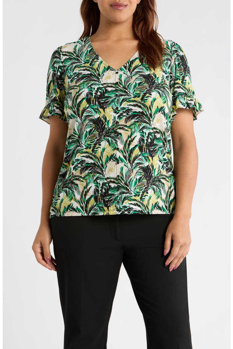 Ruffle Accent Short Sleeve Button-Up Shirt, Main, color, TROPICAL GREEN MULTI