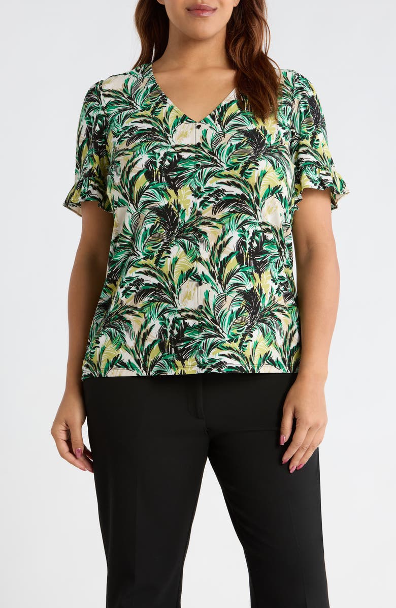 AK ANNE KLEIN Ruffle Accent Short Sleeve Button-Up Shirt, Main, color, Tropical Green Multi
