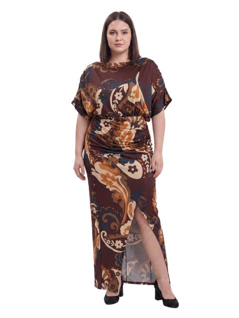 Elevate Curvy Boat Neck Batwing Sleeve Bodycon Front Slit Long Maxi Dress