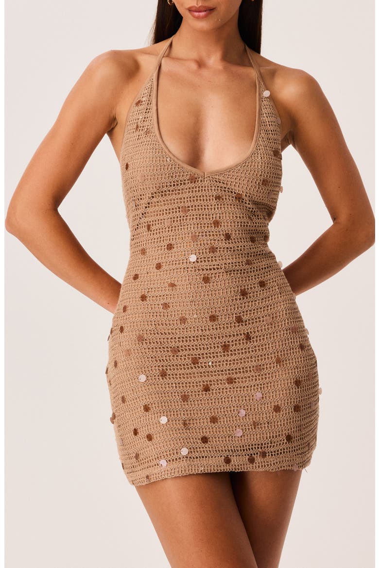Kimali Sequined Crochet Halter Minidress, Alternate, color, MOCHA