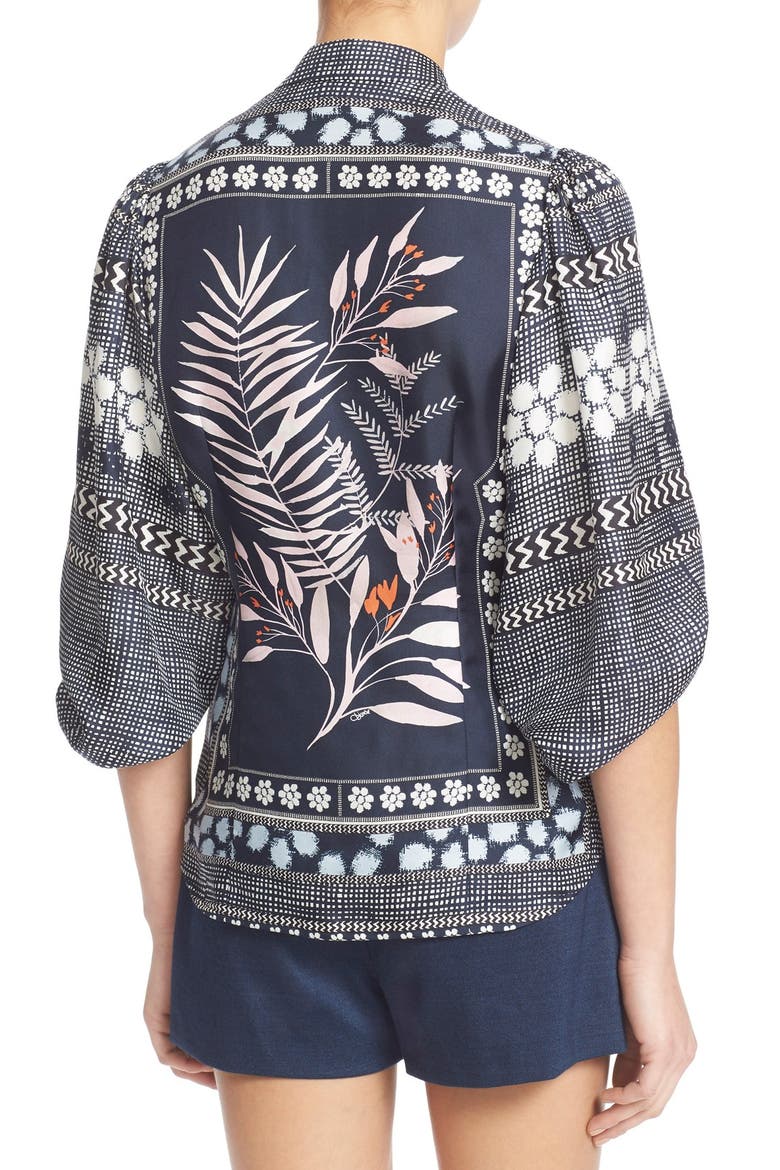 'Chrystie' Print Silk Top, Alternate, color, LEAF PLACEMENT INDIGO
