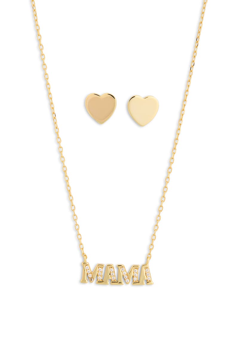ARGENTO VIVO CZ Pavé Mama Pendant Necklace & Heart Stud Earrings, Main, color, Gold