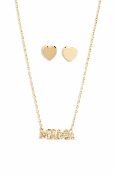 ARGENTO VIVO CZ Pavé Mama Pendant Necklace & Heart Stud Earrings