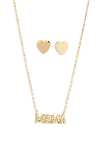 Argento Vivo Cz Pavé Mama Pendant Necklace & Heart Stud Earrings In Gold