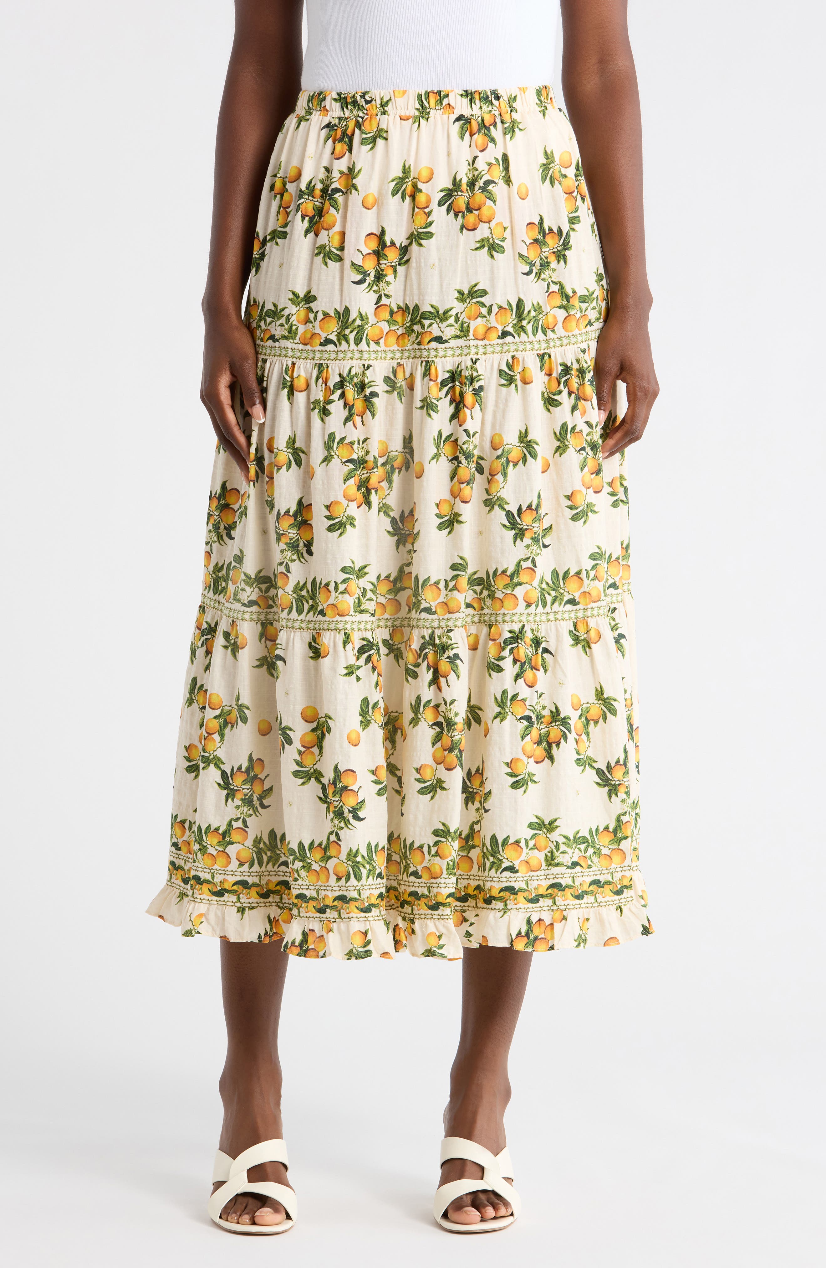 MAX STUDIO Floral Wreath Print Tiered Cotton Blend Maxi Skirt
